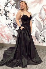 Dreamyannie Black Prom Dress A Line Lace Backless Satin Formal Dress