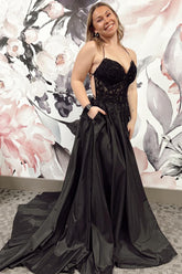 Dreamyannie Black Prom Dress A Line Lace Backless Satin Formal Dress