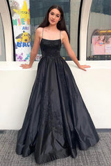 Dreamyannie Black Prom Dress A Line Lace Satin Formal Dress