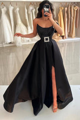 Dreamyannie Black Prom Dress A Line Strapless Sleeveless Satin Simple Formal Dress With Sash