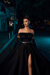 Dreamyannie Black Prom Dress A Line Strapless Sleeveless Satin Slit Formal Dress With Feathers And Sash