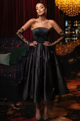 Dreamyannie Black Prom Dress A Line Strapless Sleeveless Tea Length Satin Formal Dress With Flowers