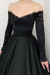 Dreamyannie Black Prom Dress A Line V Neck Lace Off The Shoulder Beading Satin Formal Dress