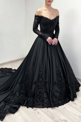 Dreamyannie Black Prom Dress A Line V Neck Lace Off The Shoulder Beading Satin Formal Dress