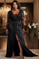 Dreamyannie Black Prom Dress A Line V Neck Lace Sleeves Satin Formal Dress With Slit