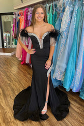 Dreamyannie Black Prom Dress Beaded Mermaid Off The Shoulder Long Formal Dress With Tassels