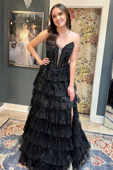 Dreamyannie Black Prom Dress Beaded Tiered A-Line Long Formal Dress With Slit