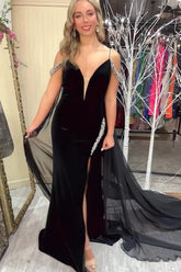 Dreamyannie Black Prom Dress Cold Shoulder Cape Mermaid Long Formal Dress With Slit
