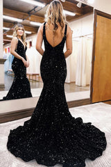 Dreamyannie Black Prom Dress Deep V-Neck Mermaid Formal Dress