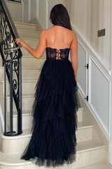 Dreamyannie Black Prom Dress Floral A-Line Ruffles Strapless Long Formal Dress With Slit