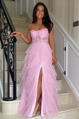 Dreamyannie Black Prom Dress Floral A-Line Ruffles Strapless Long Formal Dress With Slit