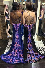 Dreamyannie Black Prom Dress Floral Lace Spaghetti Straps Long Formal Dress With Slit