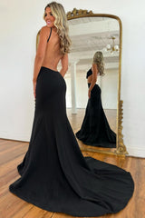 Dreamyannie Black Prom Dress Mermaid Backless Long Sheath Formal Dress With Bow