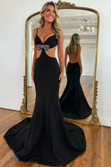 Dreamyannie Black Prom Dress Mermaid Backless Long Sheath Formal Dress With Bow