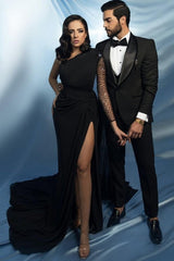 Dreamyannie Black Prom Dress Mermaid One Shoulder Beaded Cap Sleeve Satin Formal Dress With Slit