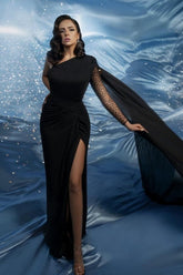 Dreamyannie Black Prom Dress Mermaid One Shoulder Beaded Cap Sleeve Satin Formal Dress With Slit