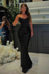 Dreamyannie Black Prom Dress Mermaid Sweetheart Sleeveless Sequined Beading Tulle Formal Dress