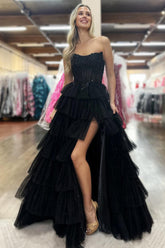 Dreamyannie Black Prom Dress Ruffled Floor Length Tulle Formal Dress With Slit