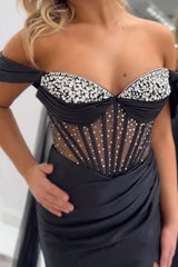 Dreamyannie Black Prom Dress Satin Mermaid Beaded Long Formal Dress With Slit
