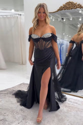 Dreamyannie Black Prom Dress Satin Mermaid Beaded Long Formal Dress With Slit