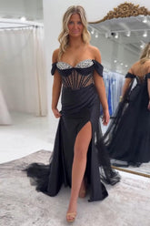 Dreamyannie Black Prom Dress Satin Mermaid Beaded Long Formal Dress With Slit
