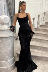 Dreamyannie Black Prom Dress Spaghetti Strap Mermaid Sleeveless Beaded Evening Lace Formal Dress