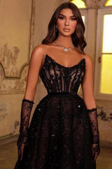 Dreamyannie Black Prom Dress Strapless A Line Beaded Lace Formal Dress With Rhinestones