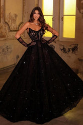 Dreamyannie Black Prom Dress Strapless A Line Beaded Lace Formal Dress With Rhinestones