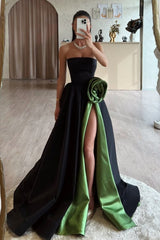Dreamyannie Black Prom Dress Strapless A Line Sleeveless Sweep Train Satin Formal Dress With High Slit