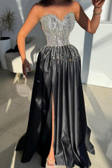 Dreamyannie Black Prom Dress Sweetheart A Line Beaded Sleeveless Satin Formal Dress With Slit