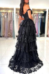 Dreamyannie Black Prom Dress Sweetheart A Line Off The Shoulder Sleeveless Lace Dresses With Slit