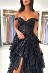 Dreamyannie Black Prom Dress Sweetheart A Line Off The Shoulder Sleeveless Lace Dresses With Slit