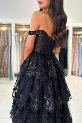 Dreamyannie Black Prom Dress Sweetheart A Line Off The Shoulder Sleeveless Lace Dresses With Slit
