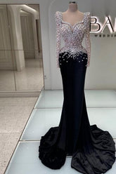 Dreamyannie Black Prom Dress Sweetheart Mermaid Beaded Sequined Sleeve Formal Dress With Pearls