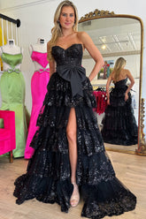 Dreamyannie Black Prom Dress Sweetheart Ruffled Bow Long Formal Dress With Slit