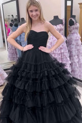 Dreamyannie Black Prom Dress Tiered A-Line Sweetheart Long Formal Dress