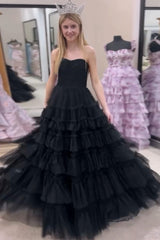 Dreamyannie Black Prom Dress Tiered A-Line Sweetheart Long Formal Dress