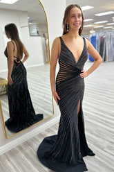 Dreamyannie Black Prom Dress V-Neck Mermaid Spaghetti Straps Long Formal Dress With Slit