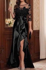 Black Lace Illusion Cascading Ruffle Mother of the Bride Dress