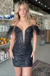Dreamyannie Black Sequin Tight Homecoming Dresses Short Corset Cocktail Dresses With Feathers