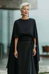 Dreamyannie Black Sheath Boat Neck Long Mother Of The Bride Dress With Cape