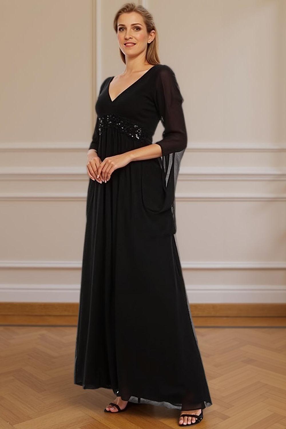 Dreamyannie Black V Neck Beaded Floor Length Mother Of The Bride Dress