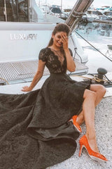 Dreamyannie Black Wedding Guest Dress A Line Lace Hi Lo Floor Length Formal Dress