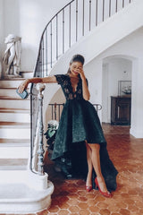 Dreamyannie Black Wedding Guest Dress A Line Lace Hi Lo Floor Length Formal Dress