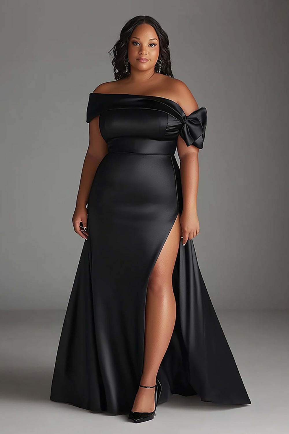 Dreamyannie Black Wedding Guest Dress Plus Size Off The Shoulder Long Satin Formal Dress With Slit