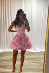 Dreamyannie Blue A Line Homecoming Dresses Floral Corset Short Cocktail Dresses With Beading