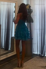 Dreamyannie Blue A Line Homecoming Dresses Tiered Ruffled Short Cocktail Dresses With Bow