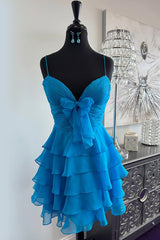 Dreamyannie Blue A Line Homecoming Dresses Tiered Ruffled Short Cocktail Dresses With Bow