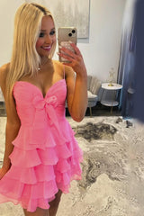 Dreamyannie Blue A Line Homecoming Dresses Tiered Ruffled Short Cocktail Dresses With Bow