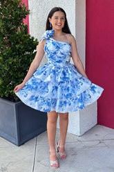 Dreamyannie Blue Floral Ruffled A Line Homecoming Dresses One Shoulder Short Cocktail Dresses